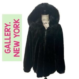 GALLERY NEW YORK COAT HOODED GROOVED FAUX FUR BLACK ZIP UP Sz L MOBWIFE GOTHCORE